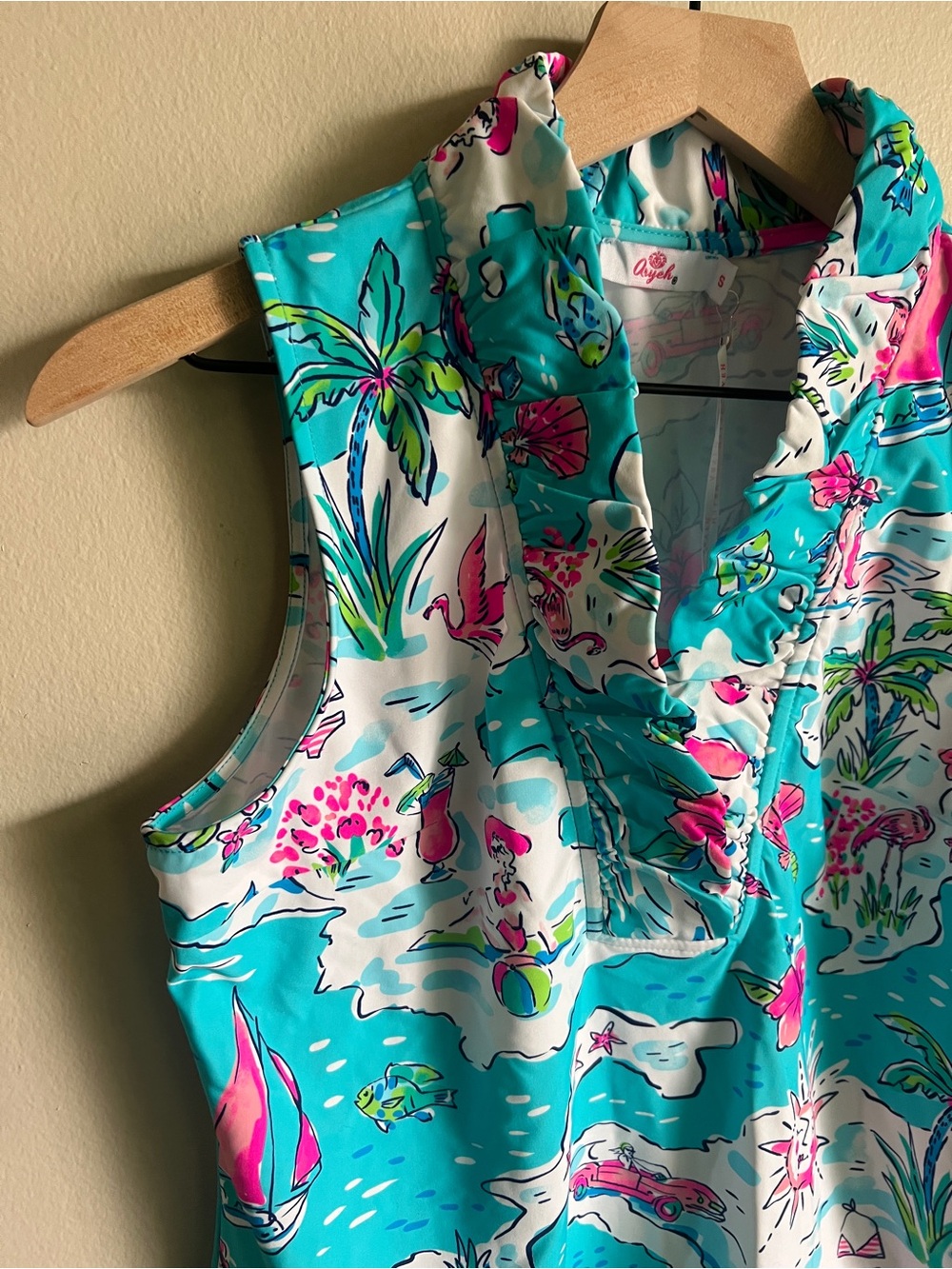 Aryeh Turquoise & Pink Tropical Print Ruffled Sleeveless Top UPF50+ Size S - Picture 2 of 13